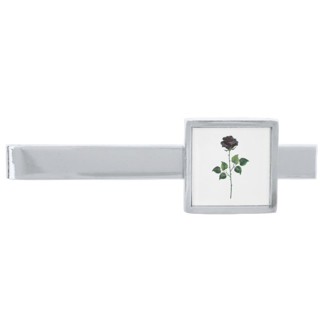 Black rose flower silver finish tie bar (Front)