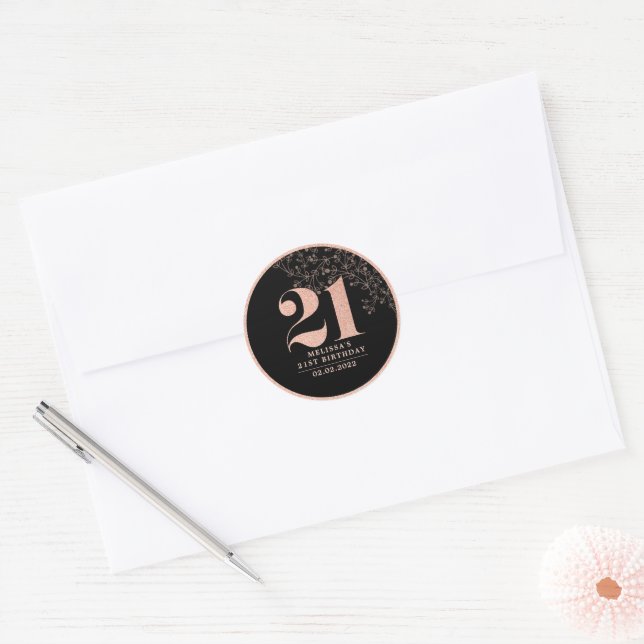 Black Rose Gold 21st Birthday Party Favor Sticker (Envelope)