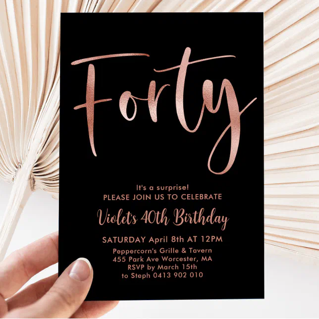 Black Rose Gold 40th Birthday Modern Invitation | Zazzle