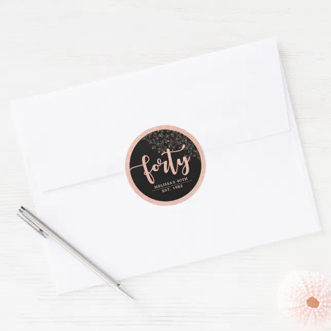 Black Rose Gold 40th Birthday Party Favor Sticker | Zazzle