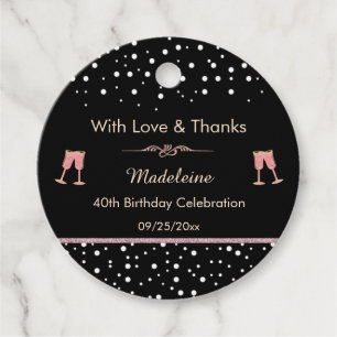 Black & Rose Gold 40th Birthday with Flutes Favor Tags