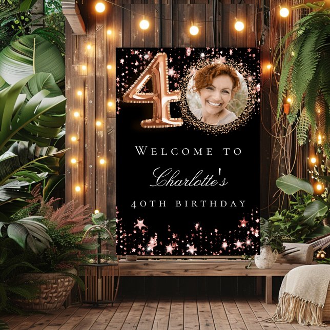 Black rose gold 40th photo birthday party welcome poster (Creator Uploaded)