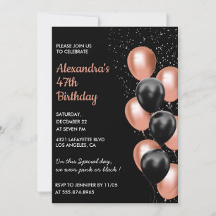 Black Rose gold 47th birthday invitation Balloon