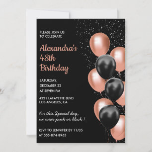 Black Rose gold 48th birthday invitation Balloon 