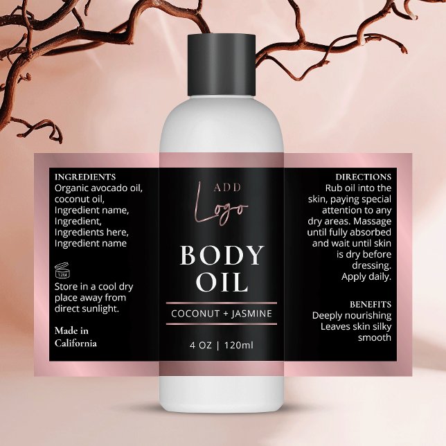 Black & Rose Gold 4 OZ Cosmetic Bottle Wrap Around Rectangular Sticker (Elegant black and faux rose gold border cosmo bottle wrapper label with space for your logo)