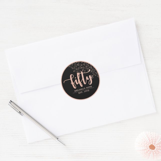 Black Rose Gold 50th Birthday Party Favor Sticker (Envelope)
