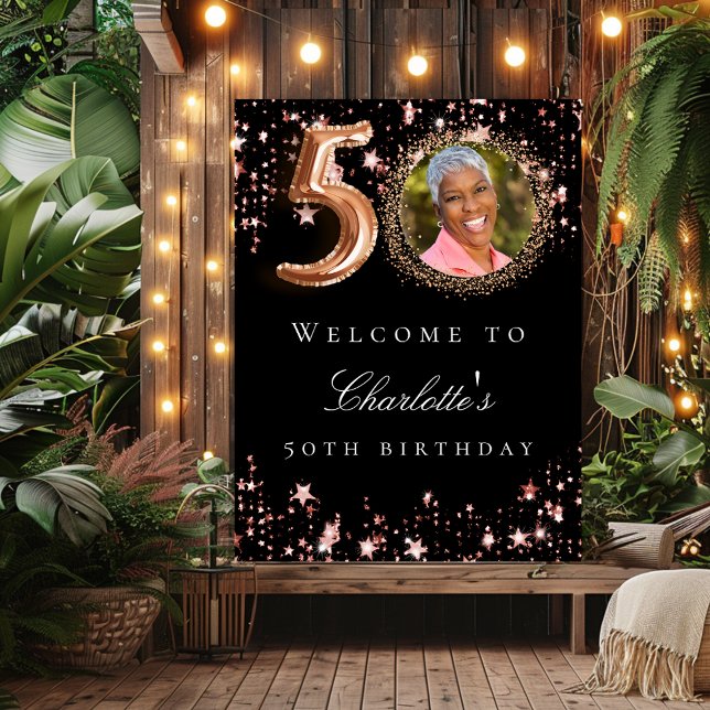 Black rose gold 50th photo birthday party welcome poster (Creator Uploaded)