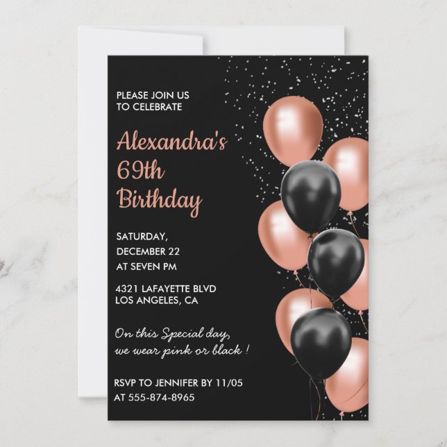 Black Rose gold 69th birthday invitation Balloon  (Front)