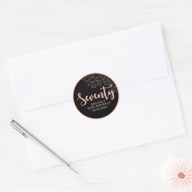 Black Rose Gold 70th Birthday Party Favor Sticker (Envelope)