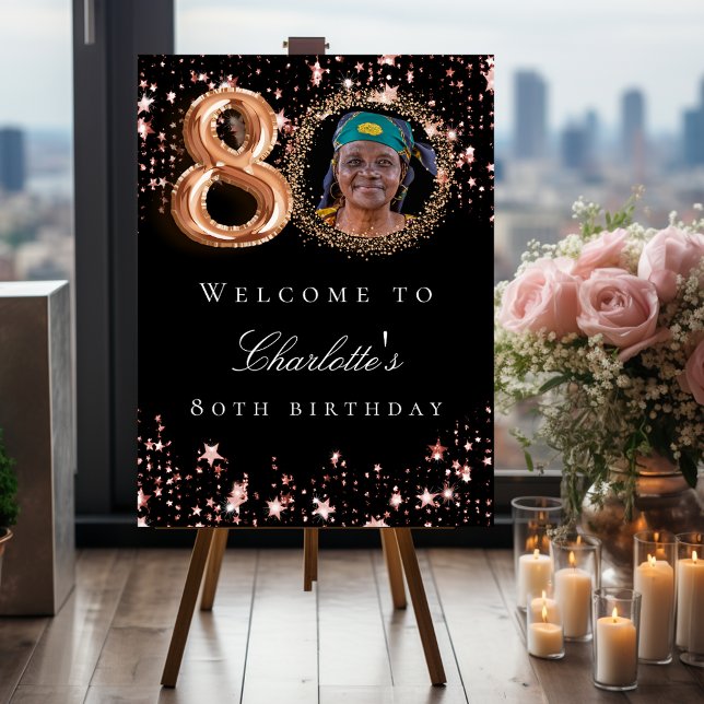 Black rose gold 80th photo birthday party welcome foam board (Creator Uploaded)