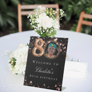 Black rose gold 80th photo birthday party welcome pedestal sign