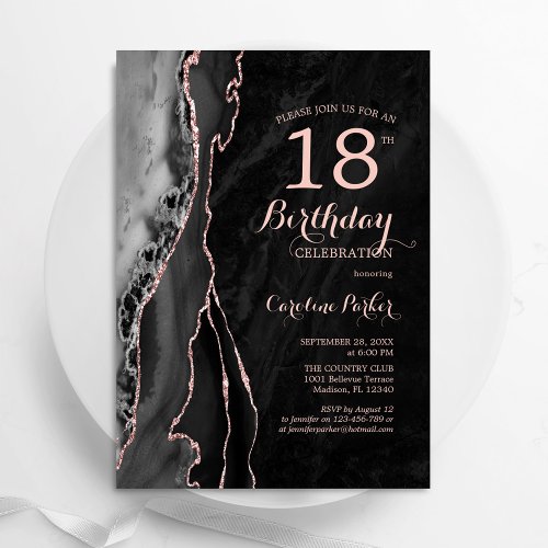 Black Rose Gold Agate 18th Birthday Invitation