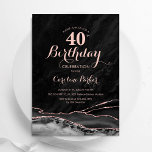 Black Rose Gold Agate 40th Birthday Invitation<br><div class="desc">Black and rose gold agate 40th birthday party invitation. Elegant modern design featuring watercolor agate marble geode background,  faux glitter rose gold and typography script font. Trendy invite card perfect for a stylish women's bday celebration. Printed Zazzle invitations or instant download digital printable template.</div>