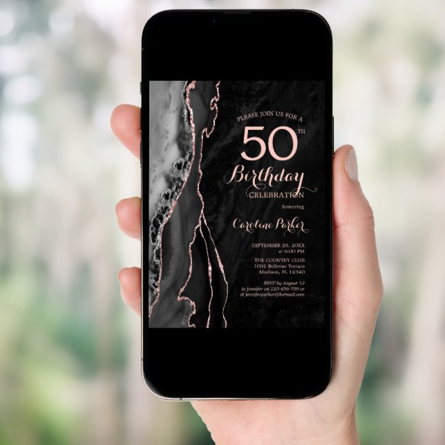 Black Rose Gold Agate 50th Birthday Invitation (Front Digital)