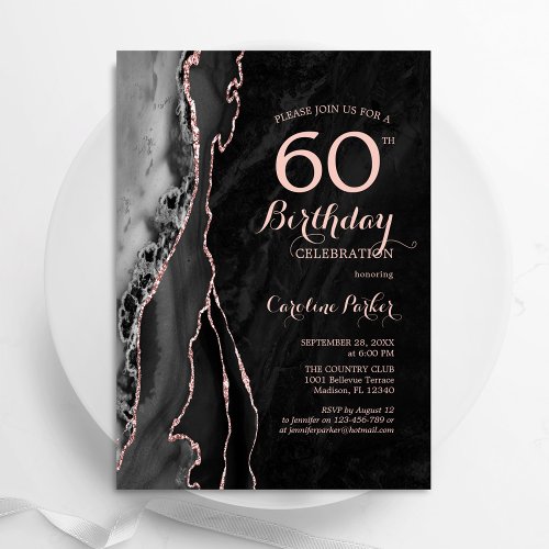 Black Rose Gold Agate 60th Birthday Invitation