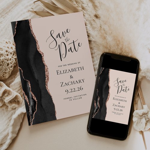 Black Rose Gold Agate Blush Save the Date Invitation