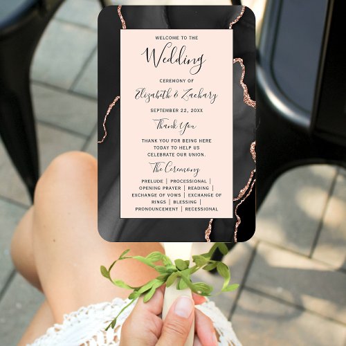 Black Rose Gold Agate Blush Wedding Program Hand Fan