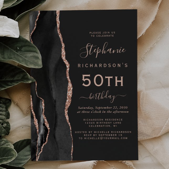 Black Rose Gold Agate Dark 50th Birthday Party Invitation (Creator Uploaded)