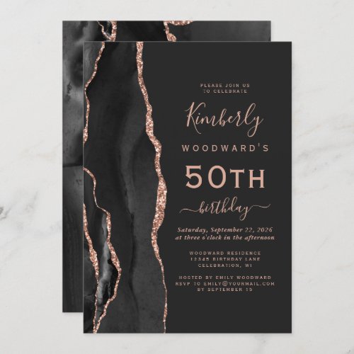 Black Rose Gold Agate Dark 50th Birthday Party Invitation