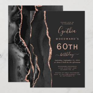Black Rose Gold Agate Dark 60th Birthday Party Invitation