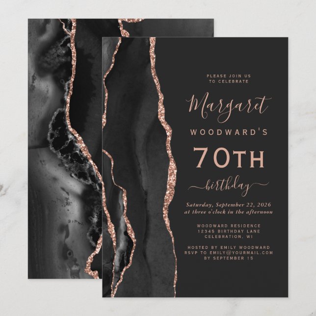 Black Rose Gold Agate Dark 70th Birthday Party Invitation (Front/Back)