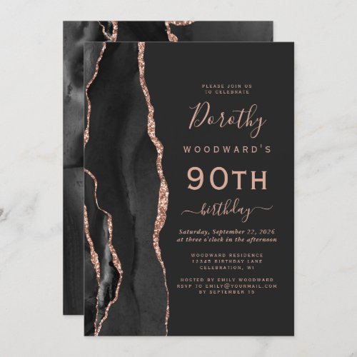 Black Rose Gold Agate Dark 90th Birthday Party Invitation