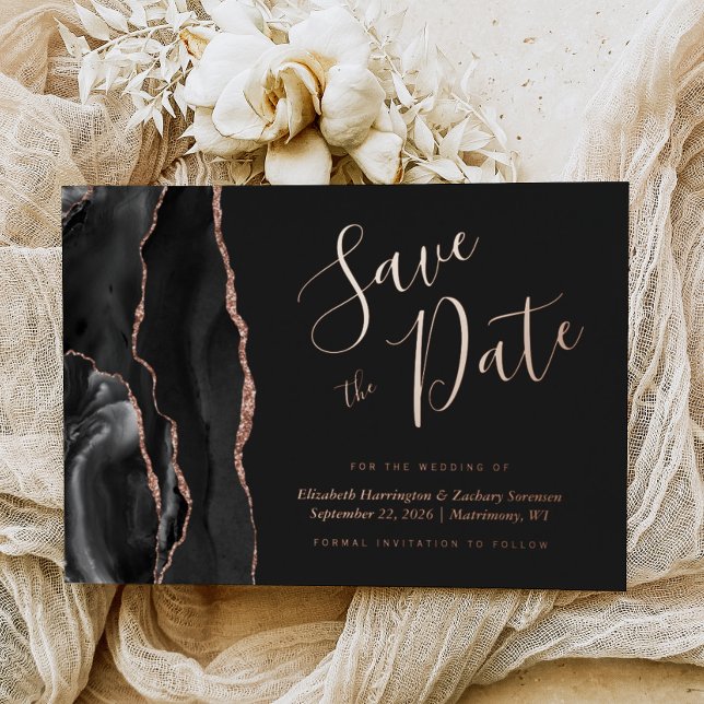 Black Rose Gold Agate Dark Save the Date Foil Invitation (Creator Uploaded)