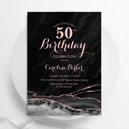 Black Rose Gold Agate Marble 50th Birthday Invitation