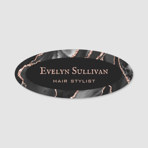 Black Rose Gold Agate Name Tag