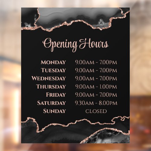 Black Rose Gold Agate Opening Hours Window Cling