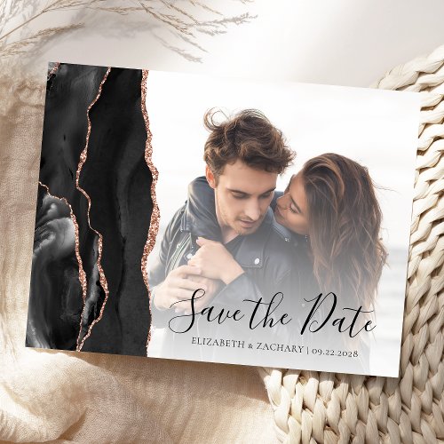 Black Rose Gold Agate Photo Save the Date Postcard