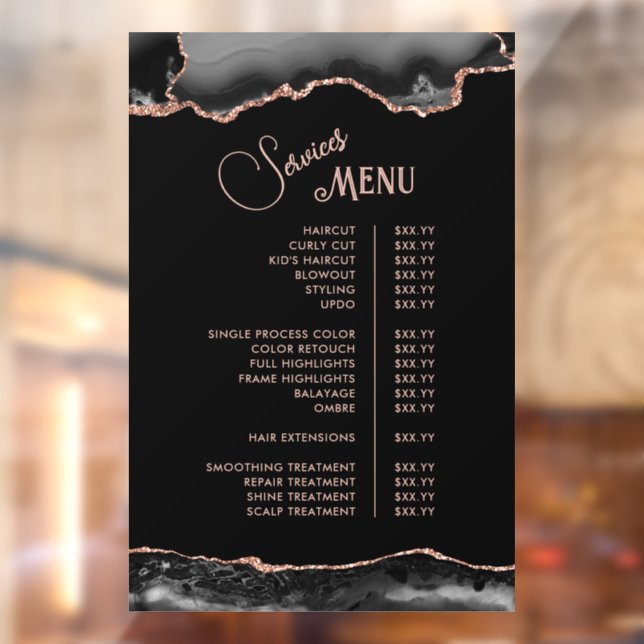 Black Rose Gold Agate Services Menu Window Cling (Sheet 2)
