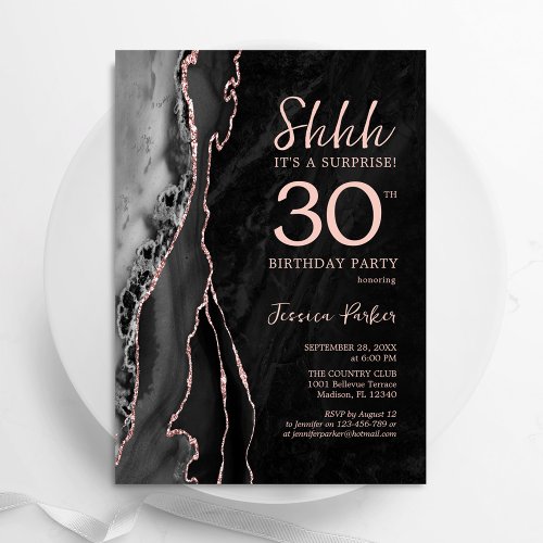 Black Rose Gold Agate Surprise 30th Birthday Invitation