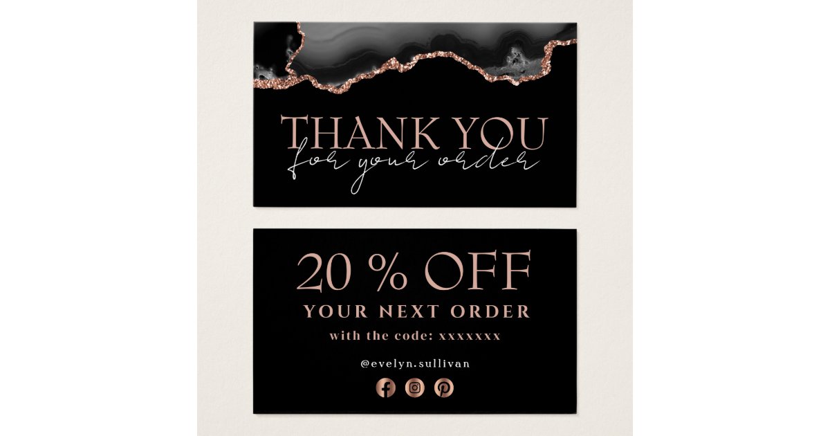 Black rose gold agate thank you discount card Zazzle