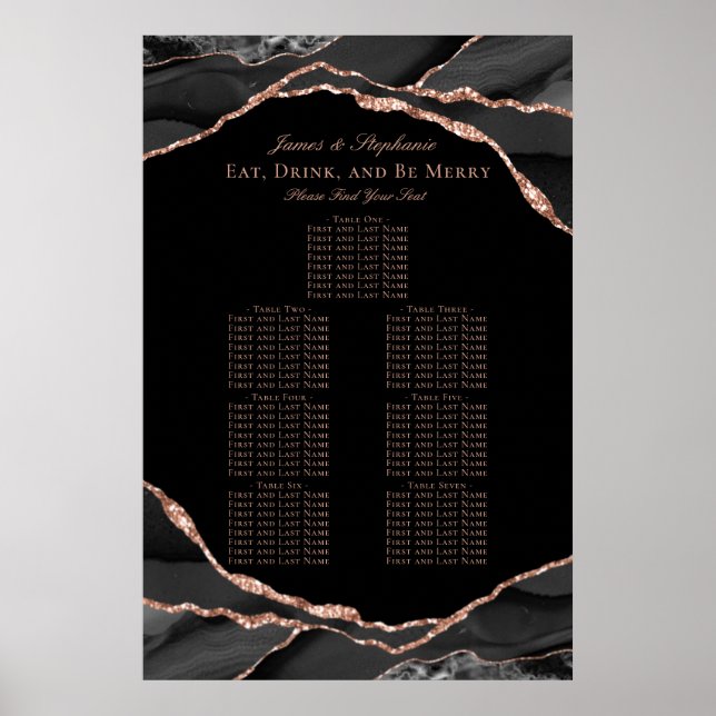 Black Rose Gold Agate Wedding Seating Chart (Front)