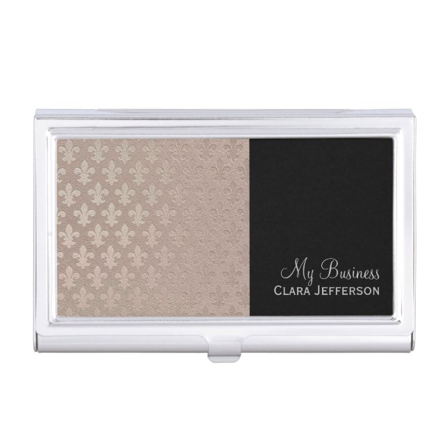 Black rose gold and silver fleur de lis metallic business card holder (Front)