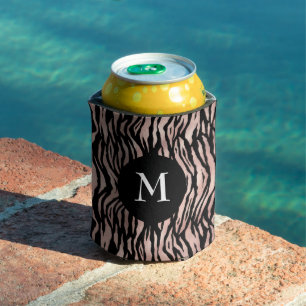 Black Rose Gold Animal Print Pattern Monogram Bold Can Cooler