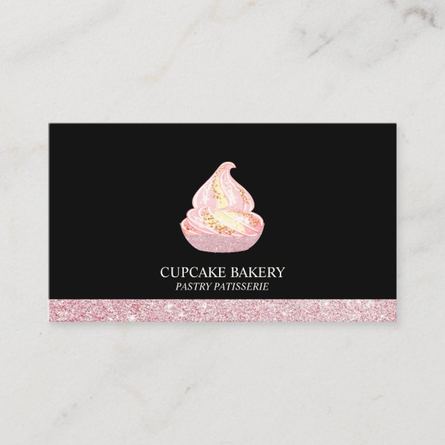 Black Rose Gold Bakery Sparkle Cupcake Business Card (Front)