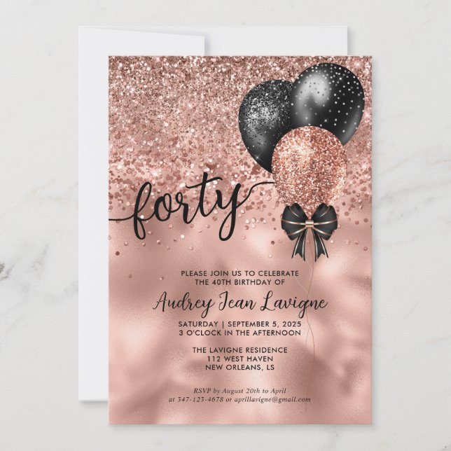 Black Rose Gold Balloon Bow Glitter 40th Birthday Invitation (Front)
