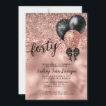 Black Rose Gold Balloon Bow Glitter 40th Birthday Invitation<br><div class="desc">Modern Elegant Glam Black Pink Rose Gold Glitter Sparkle Confetti Ribbon Bow Balloon 40th Birthday Invitation</div>