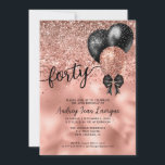 Black Rose Gold Balloon Bow Glitter 40th Birthday Invitation<br><div class="desc">Modern Elegant Glam Black Pink Rose Gold Glitter Sparkle Confetti Ribbon Bow Balloon 40th Birthday Invitation</div>