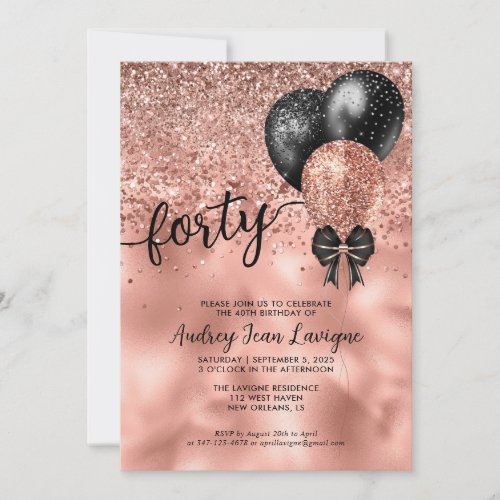 Black Rose Gold Balloon Bow Glitter 40th Birthday Invitation