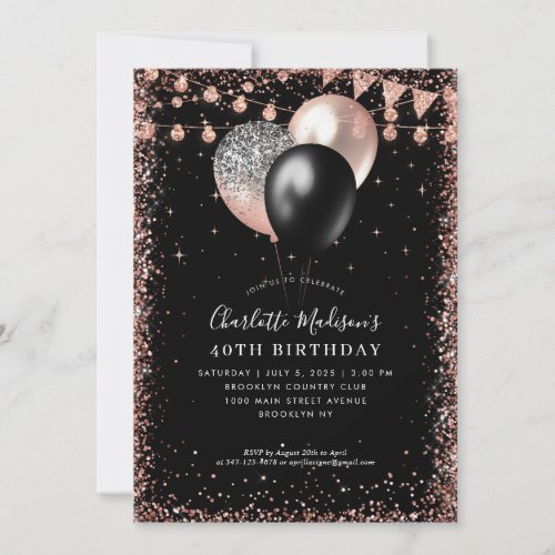 Black Rose Gold Balloon Lights Any Age Birthday Invitation