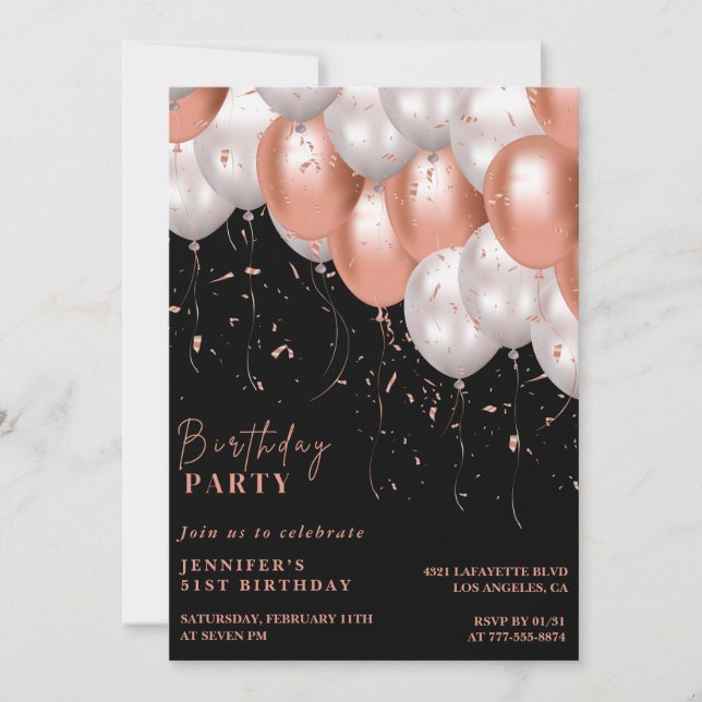 Black Rose gold Balloons 51st birthday Invitation (Front)