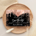 Black rose gold balloons glitter birthday party save the date<br><div class="desc">A girly and trendy Save the Date for a 18th (or any age) birthday party. A black background decorated with rose gold faux glitter and balloons.  Personalize and add a date and name/age. The text: Save the Date is written with a large trendy hand lettered style script.</div>