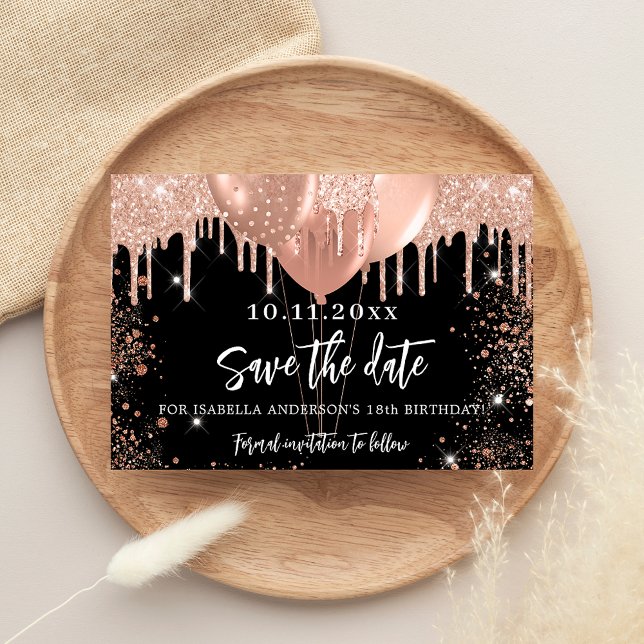 Black rose gold birthday party save the date announcement postcard (Creator Uploaded)