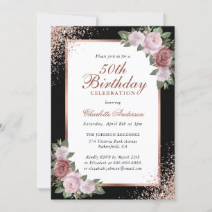 Black Rose Gold Blush Floral 50th Birthday Invitation