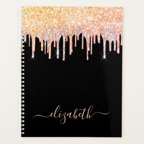 Black rose gold blush glitter drips name planner