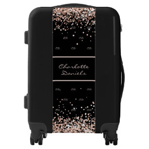Black rose gold blush glitter monogram modern name luggage