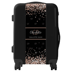 Black rose gold blush glitter monogram name luggage